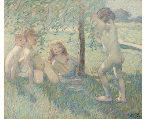 Erna Hoppe-Kinross,&nbsp;German/British 1875-1964 -&nbsp;Frolic (Children at Play);&nbsp;oil on canvas, signed lower right 'E