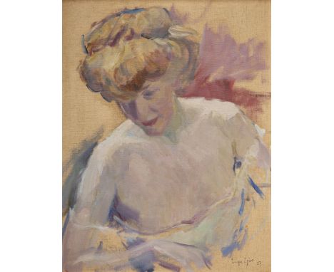 Eugen Spiro,  Polish/American 1874-1972 -   Portrait of a draped female nude, quarter length, 1907;   oil on canvas laid down