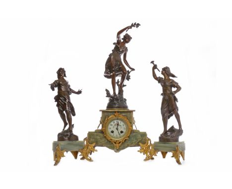 VICTORIAN SPELTER, GILTMETAL AND ONYX CLOCK GARNITURE the timepiece with circular ceramic dial with floral decorated centre, 
