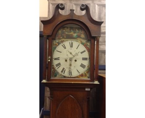 19TH CENTURY LONGCASE CLOCKthe hood with swan neck pediment enclosing an arched painted enamel dial with Roman and Arabic num