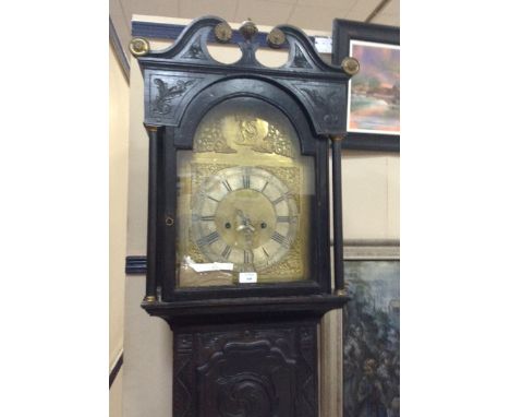 LONGCASE CLOCK OF EARLY 18TH CENTURY DESIGN The hood with swan neck pediment enclosing an enlarged arched brass dial with Rom