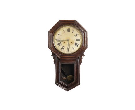 ANSONIA CLOCK COMPANY MAHOGANY DROP DIAL WALL CLOCKthe paper dial with Roman numerals, black steel arrow hands, two front win