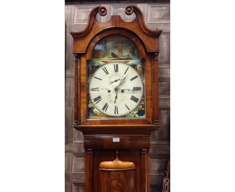 19TH CENTURY SCOTTISH LONGCASE CLOCK the hood with swan neck pediment enclosing a painted enamel dial with Roman and Arabic n