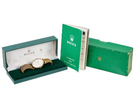 1970s Gentlemen's Rolex gold Precision wristwatch with white dial, gold baton numerals and centre sweep seconds on plated exp