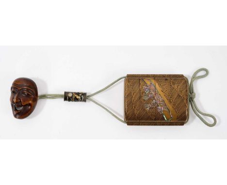 18th century Japanese four section gold lacquer inro, with Rimpa-style waves, applied with abalone, laden work boats, the int