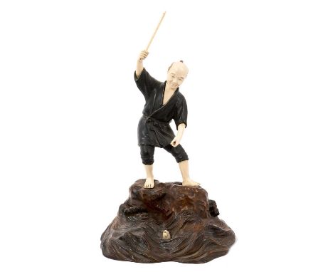 Fine quality Japanese Meiji period bronze, ivory and carved hardwood okimono of a fisherman, unsigned, 32cm high. APHA Ref: 9