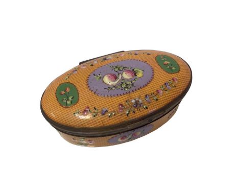 Staffordshire enamel oval snuff box, the printed ground with raised foliate ornament, 8cm wide