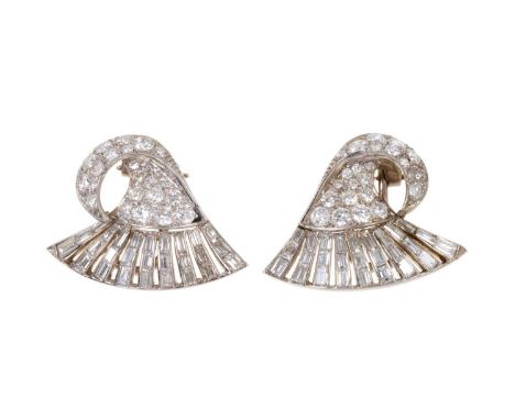 Pair 1950s diamond earrings, the stylised fan design with baguette cut and brilliant cut diamonds in 18ct white gold setting,