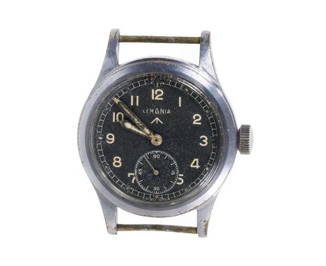 Second World War Lemania 'Dirty Dozen' military wristwatch with black dial, luminous hands and Arabic numerals, subsidiary se