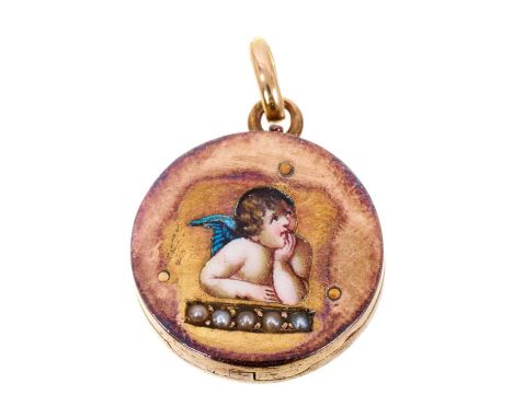 Victorian gold and enamel circular locket, the front depicting an angel, 25mm x 17.3mm diameter.