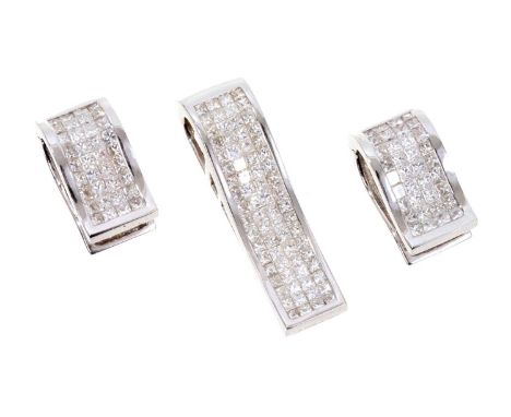 18ct white gold diamond pendant and earrings, the undulating scroll with invisibly set princess cut diamonds, estimated total