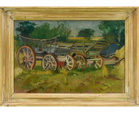 Della Chapman (1931-2022) oil on canvas - Harvest Wagons, an oil sketch verso, inscribed, 51cm x 76cm, framed