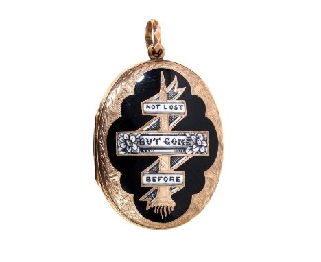 Victorian mourning locket with black and white enamel front 'Not Lost But Gone Before' with engraved gold back and front, 45m