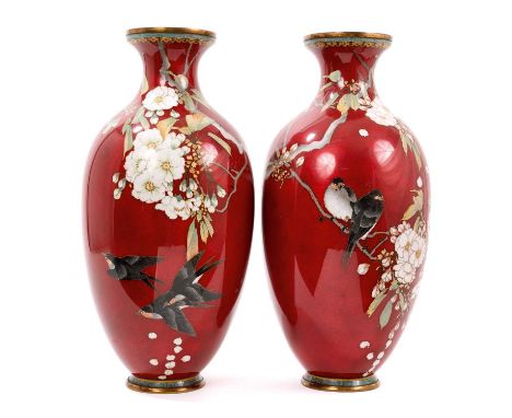 Large pair of fine quality Japanese cloisonné enamel vases, inlaid with birds and flowering shrubs, 38cm highBoth in good con