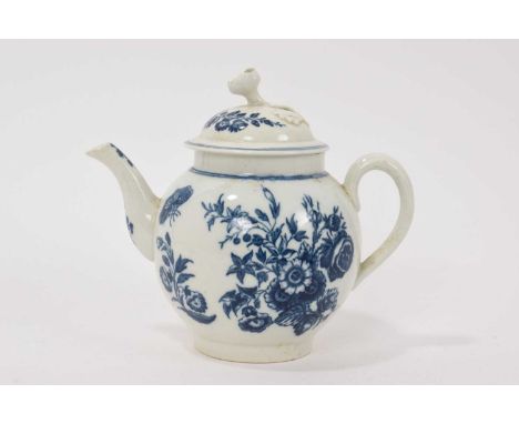 Caughley teapot and cover, circa 1780, printed in blue with floral sprays, 'c' mark to base, 14cm highGood antique condition 