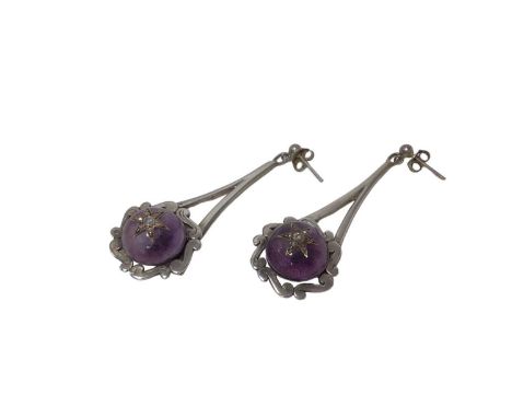 Pair of cabochon amethyst and diamond pendant earrings in later silver setting, with old cut and rose cut diamond stars, 52mm