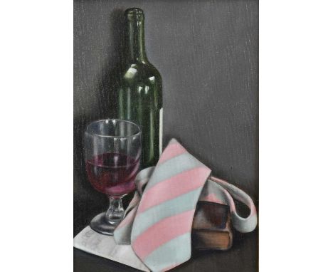 *Jacqueline Taber (b.1946) three oil on canvas still lives - Wine bottle and tie, 32cm x 22cm, Cherry, 8cm x 13cm, Clove of G