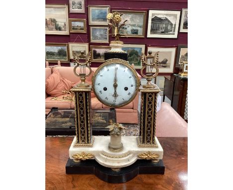 Early 19th century French Louis XVI-style marble and ormolu mantel clock with white enamel dial signed Barancourt, Paris with