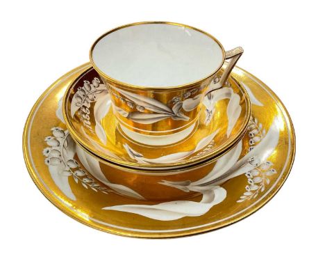 19th century Wedgwood bone china gold ground Lily of the Valley teacup, two saucers and a plate, printed marks (4)The plate h