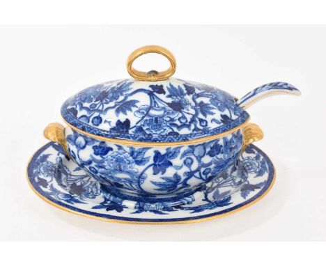 Early 19th century Wedgwood pearlware blue printed sauce tureen, cover, stand and a ladle, with foliate pattern and gilt high