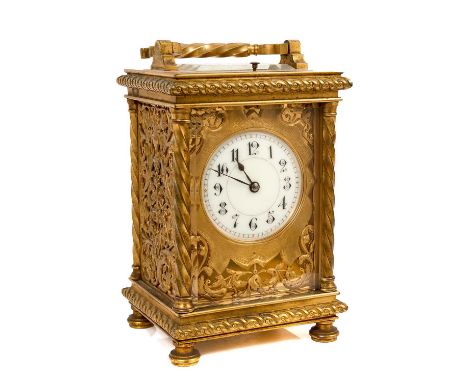 Good quality late 19th century French repeating carriage clock in ormolu case with ornate gilt and porcelain dial, Paris mark