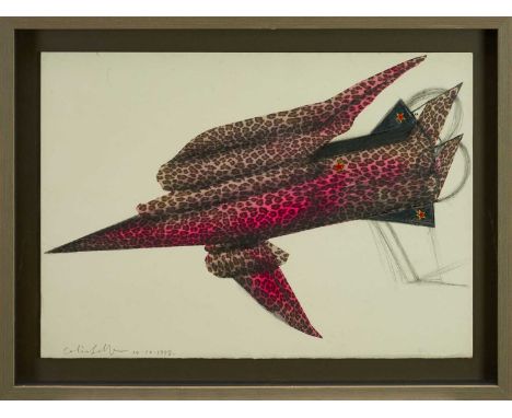 *Colin Self (b.1941) collage - Leopard Print Bomber, signed and dated 10.10.1998, 42cm x 59cm, in glazed frame