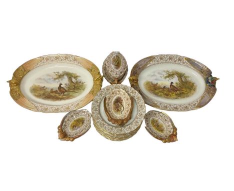 Service of Vitreous Royal Worcester transfer decorated and hand finished game bird table wares, to include two large platters