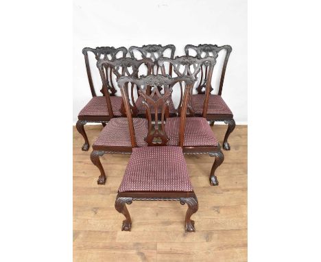 Set of six Chippendale revival mahogany dining chairs, each with pierced vase shaped splat and stuffover seat on gadrooned fr