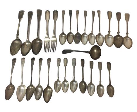 Mixed selection of Georgian and later silver Old English and Fiddle pattern flatware, including fourteen dessert spoons, pair