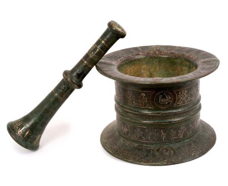 Fine and large antique Islamic cast bronze pestle and mortar with inlaid silver and mixed metal decoration, the mortar with e