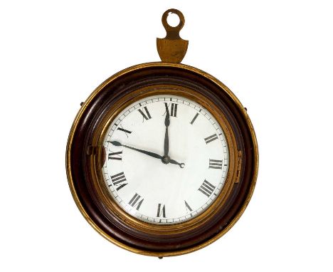 19th century Sedan chair clock with white enamel dial replacement quartz movement in original circular gilt brass and turned 