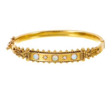 Late Victorian 15ct gold opal and diamond hinged bangle with two old cut diamond stars and three round opal cabochons with ap