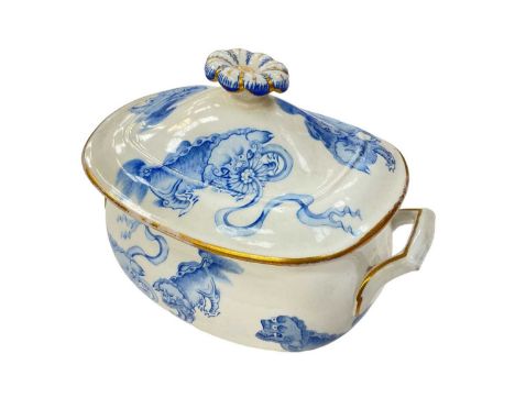 19th century Wedgwood bone china rectangular sucrier and cover, printed in blue with dragons in the Chinese style, printed ma