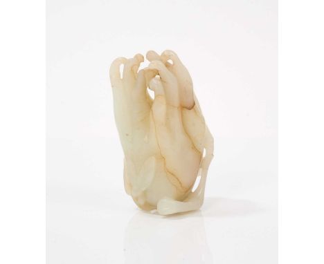 18th / 19th century celadon jade snuff bottle in the form of a Buddha's hand, with green stained stopper, Jaffé collector's l