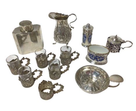 Selection of miscellaneous silver, including cream jug, wine taster, caddy, set of six glass holders (one glass missing) and 