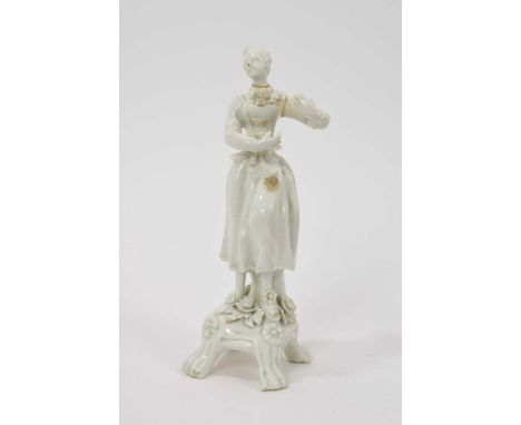 Lowestoft white glazed figure of a female lute player, circa 1780, on high-footed pedestal base, 17.5cm highReglued at the ne