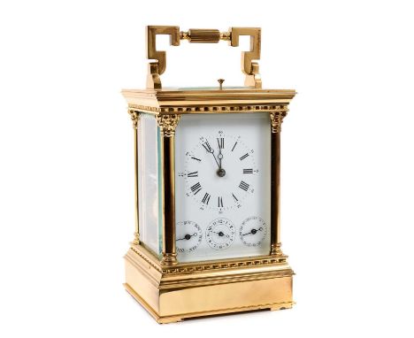 20th Century French carriage clock by L’Epee, the white enamelled dial with Roman and Arabic numerals and calendar day and da