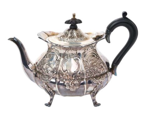 Edwardian silver teapot of baluster form, with embossed dog and geese decoration, flared rim, hinged domed cover and ebony lo