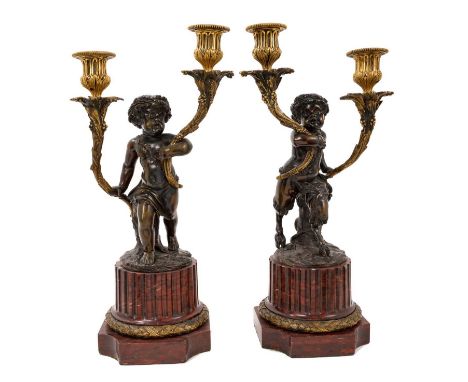 Good pair of 19th century bronze and ormolu cherub and fawn candelabra after Clodion, 45cm high, on fluted marble bases