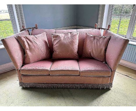 Traditional Knowle sofa, with pink damask upholstery approximately 180cm wide 