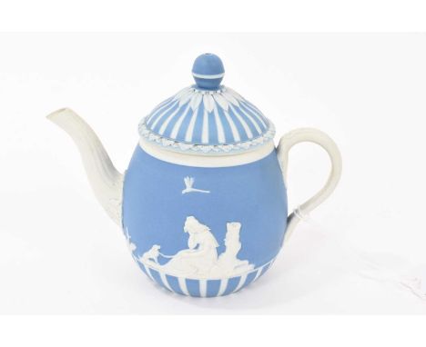 Wedgwood blue jasper dip solitaire teapot and cover, applied with ‘Lady Templeton’s Domestic Employment’ and ‘Poor Maria’, ci