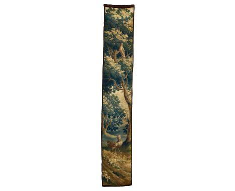 Pair of 18th century French tapestry panels, each of narrow form to ornament a pier, finely embroidered with cockerels and ha