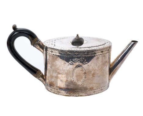 George III silver teapot of oval cylindrical form, with bright cut decoration, straight spout, ebonised handle and hinged, fl