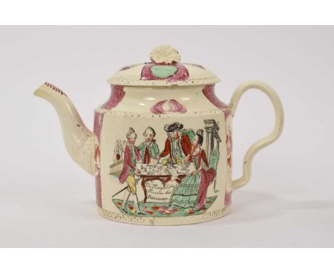 Late 18th century creamware teapot by William Greatbatch, printed and painted with scenes from the 'Prodigal Son' series, inc