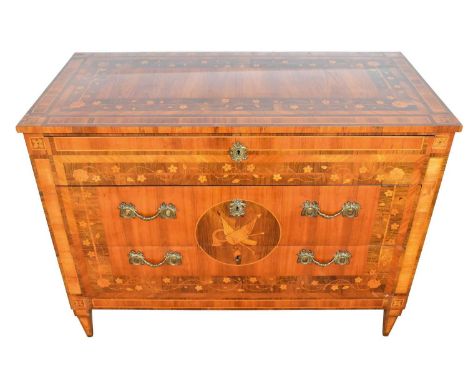 Late 18th century north Italian kingwood and marquetry inlaid commode, the ornate top inlaid with meandering foliate border a