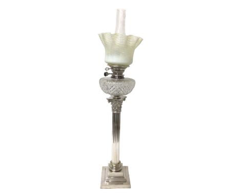 Edwardian silver plated Corinthian column oil lamp with hobnail cut glass reservoir and yellow opaline / vaseline glass shade