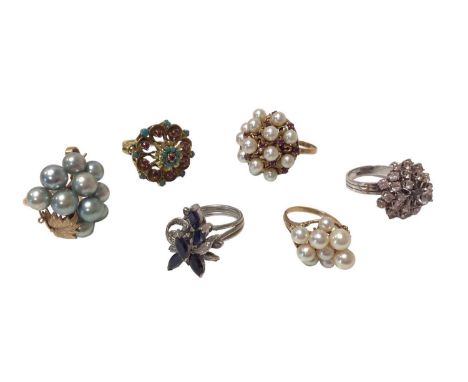 Group of six 1960s/1970s gold and multi-gem set cocktail rings to include a sapphire and diamond cluster ring, a turquoise an