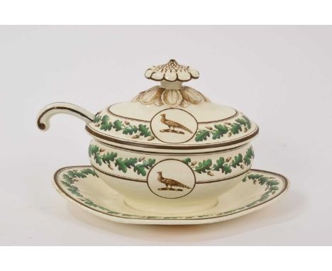 Wedgwood Queensware crested sauce tureen, cover and fixed stand, circa 1800, decorated with acorns and oak leaves, impressed 