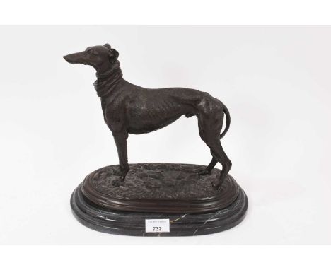 Manner of Mene: Bronze study of a greyhound, signed Mene to naturalistic base, raised on marble plinth, total width 32cmGood 