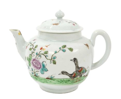 Rare Worcester globular teapot and cover, circa 1754-55, painted in the Chinese famille rose palette with two geese in a land